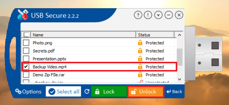 Click Unlock Video File to unlock USB Secure