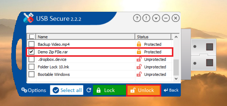 Click Unlock ZIP File to unlock USB Secure
