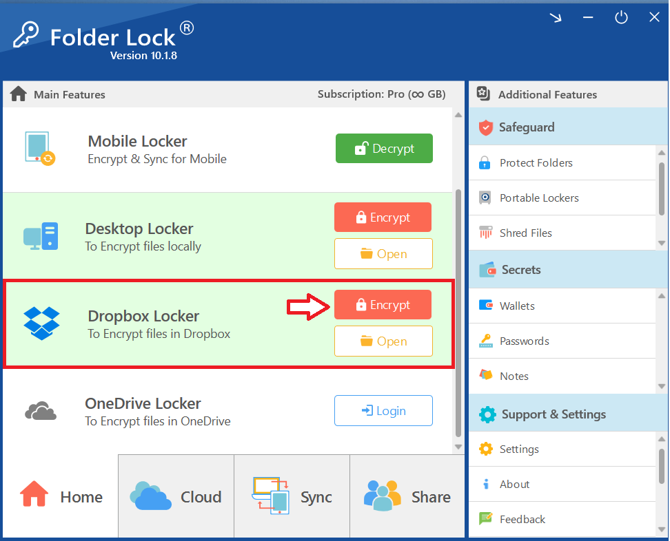 A screenshot of the Folder Lock home screen, with a red box highlighting the "Desktop Locker" section and a red arrow pointing to the red "Encrypt" button.