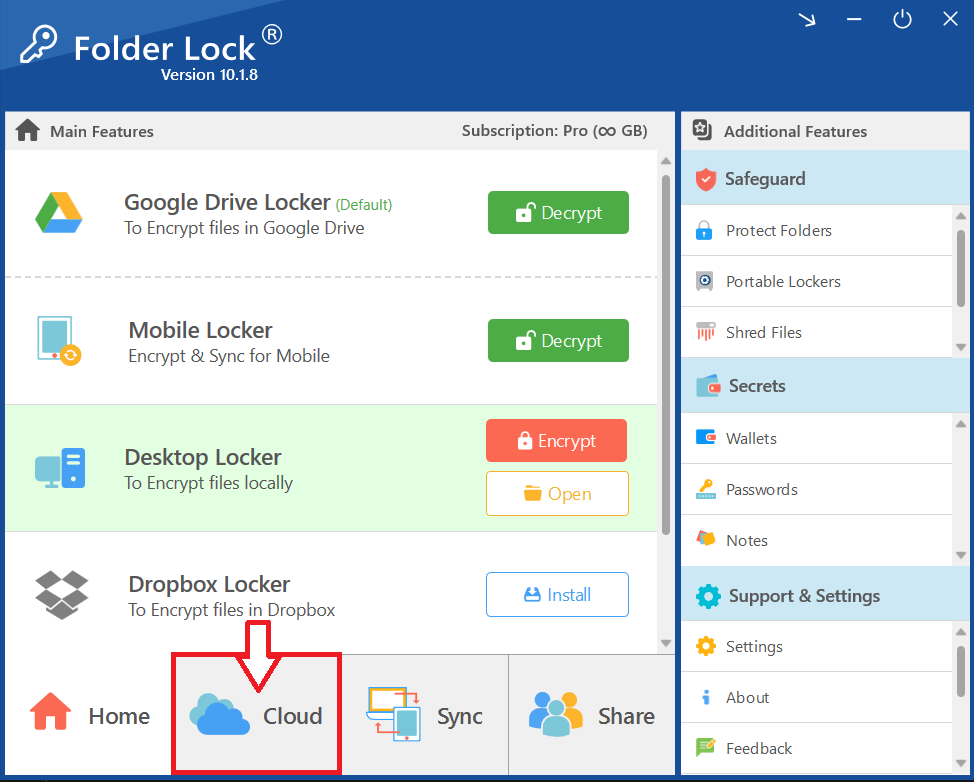 Cloud Tab of Folder Lock