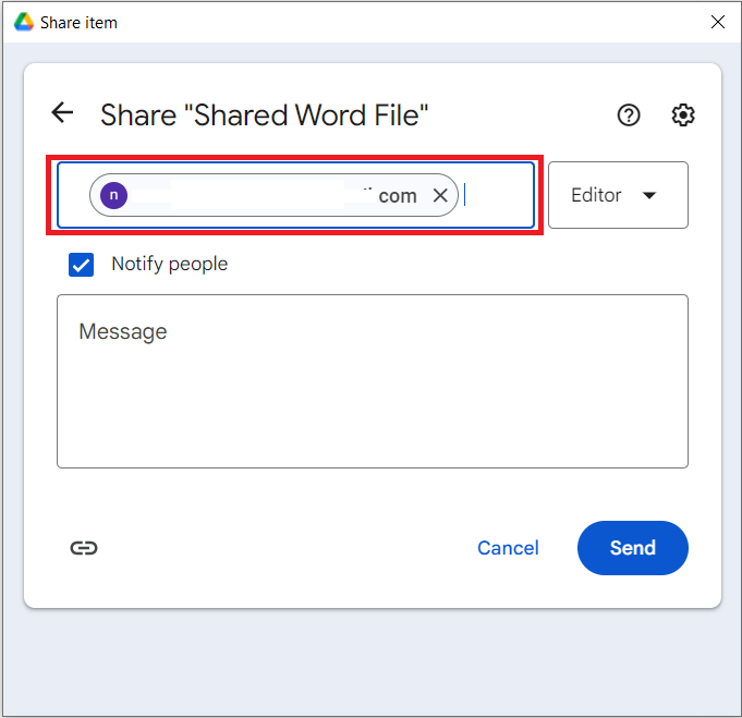 The Google Drive "Share item" window showing the email field where the recipient's address is entered to share the Word file.