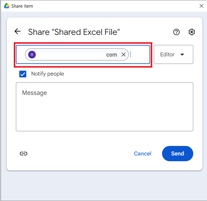 The Google Drive "Share item" window showing the email field where the recipient's address is entered to share the Excel file.