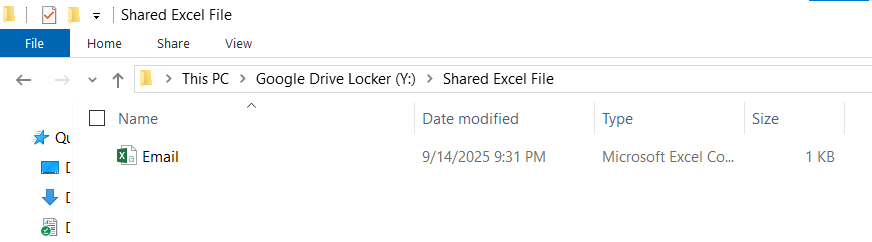 The contents of a shared folder in Google Drive Locker, showing an Excel file placed inside.