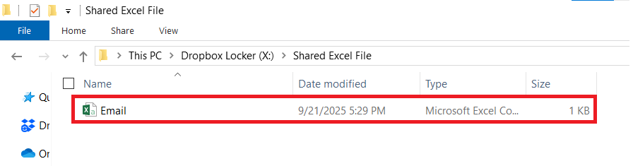 Excel File name Email in shared Excel File Folder Dropbox locker