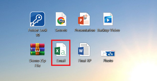 A screenshot of a desktop, showing an Excel file named 'Email' highlighted and ready to be protected by Folder Lock.