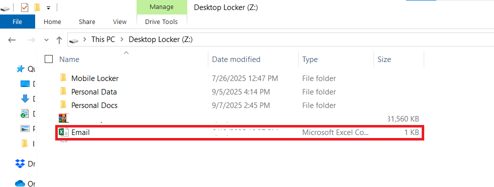 MS Excel File decrypted and available in Desktop Locker at its initial location Folder Lock