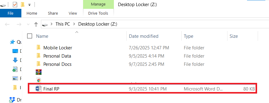 MS Word File decrypted and available in Desktop Locker at its initial location Folder Lock