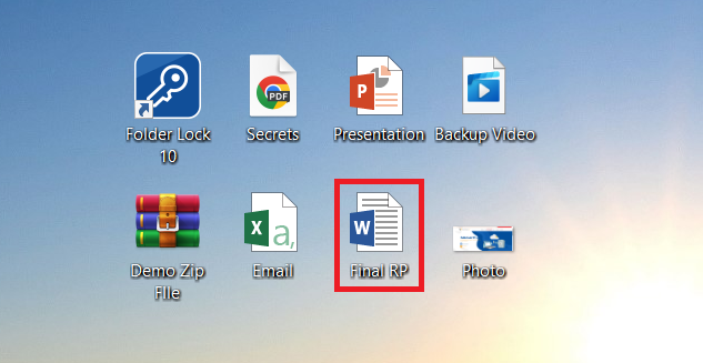 A screenshot of a desktop, showing a Word file named 'Final RP' highlighted and ready to be protected by Folder Lock.