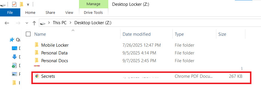 PDF File decrypted and available in Desktop Locker at its initial location Folder Lock