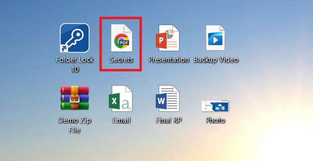 A screenshot of a desktop, showing a PDF file named 'Secrets' highlighted and ready to be protected by Folder Lock.