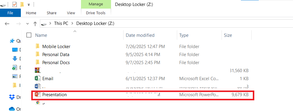 Powerpoint File decrypted and available in Desktop Locker at its initial location Folder Lock