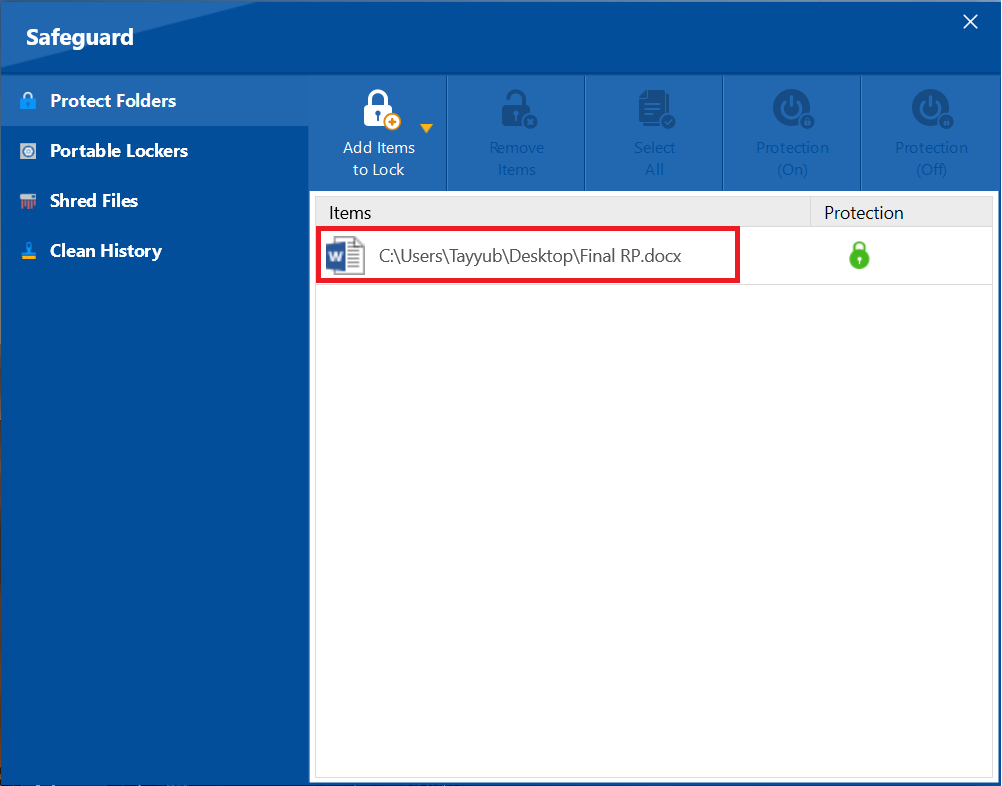 A screenshot of Protected Word Dociumnet in Folder Lock