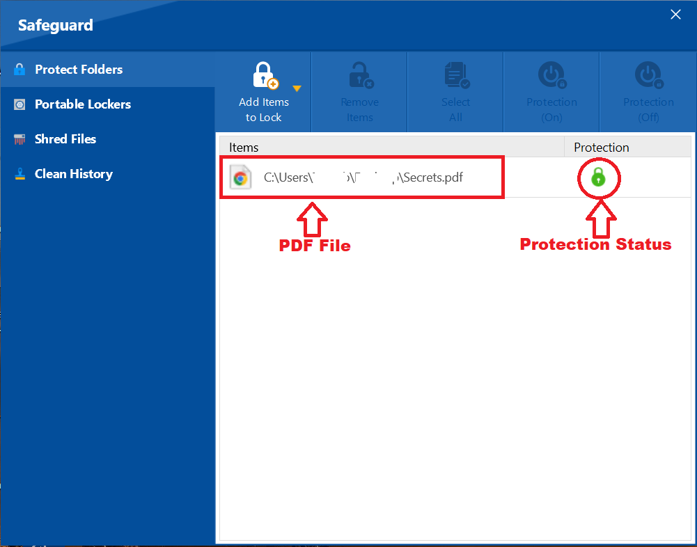 Screenshot of Protection Status PDF in Folder Lock