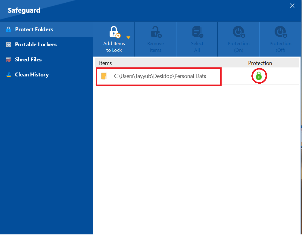 Screenshot of Protection Status of Folder in Folder Lock