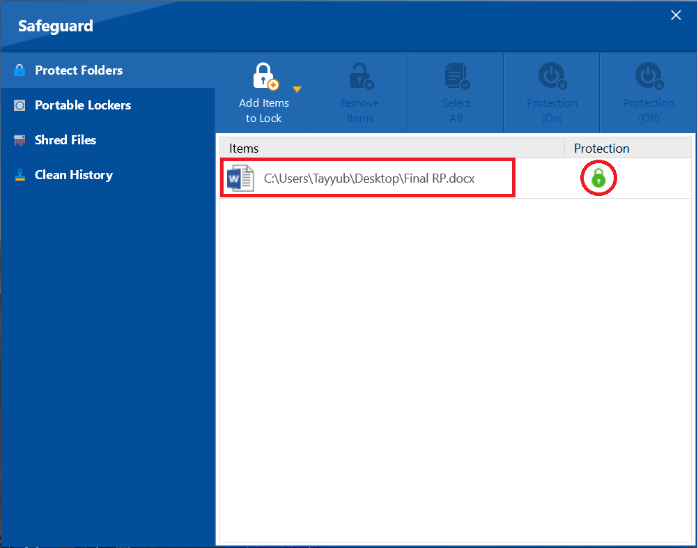 A screenshot of Protection status Word Dociumnet in Folder Lock