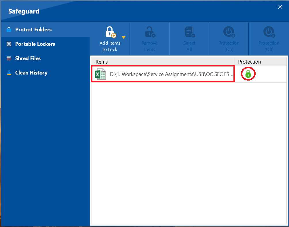 A screenshot of Protection status of Locked Excel Sheet Folder Lock