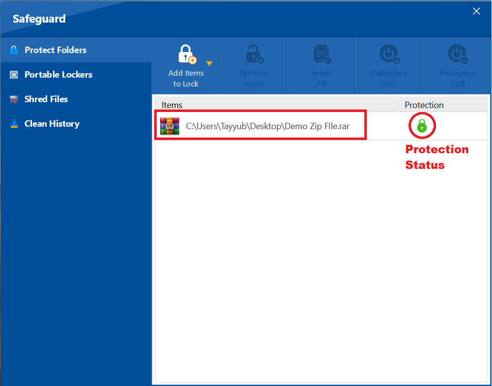 Protection status of Locked ZIP File Folder Lock