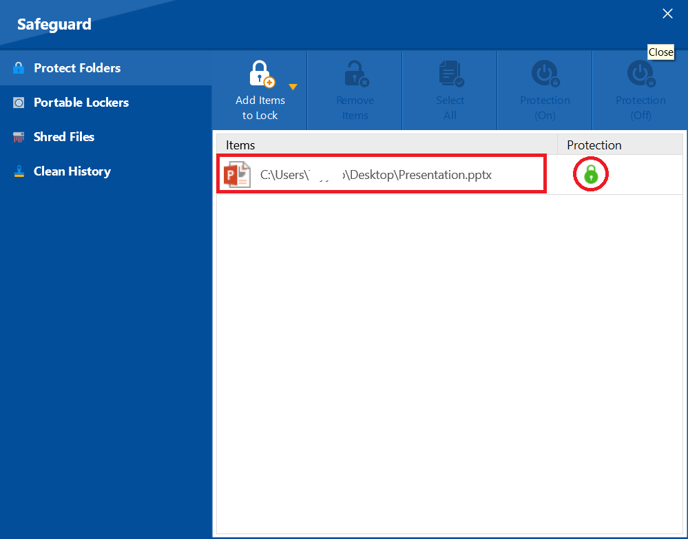 Protection status ppt in folder Lock
