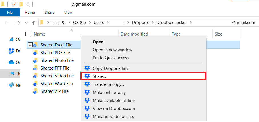 Right Click Shared Excel File and selet share Dropbox