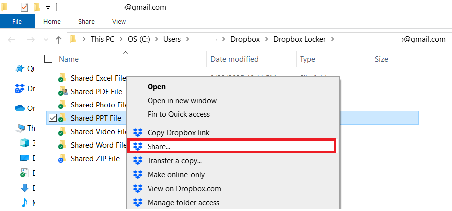 Right Click Shared PPT File and selet share Dropbox