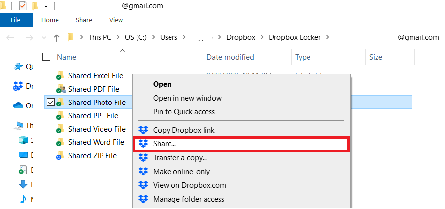 Right Click Shared Photo File and selet share Dropbox
