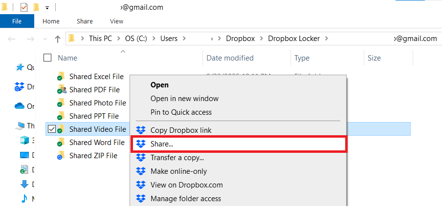 Right Click Shared Video File and selet share Dropbox