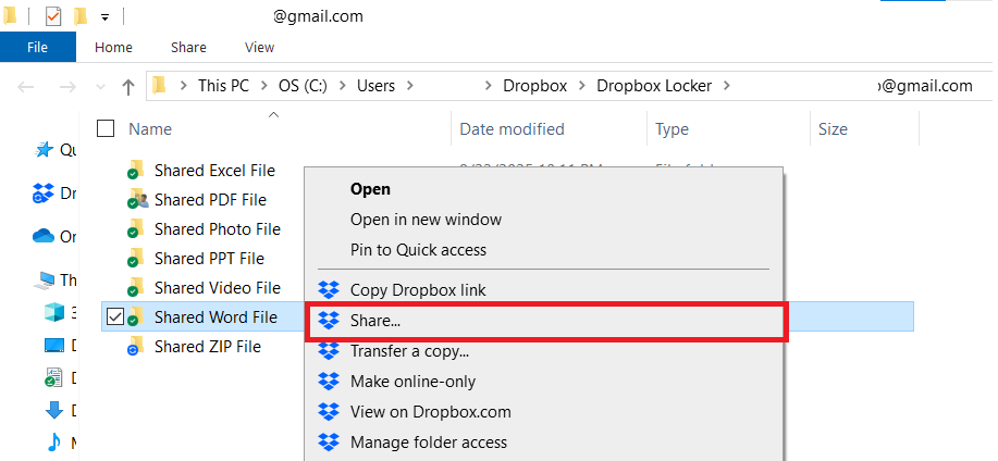 Right Click Shared Word File and selet share Dropbox