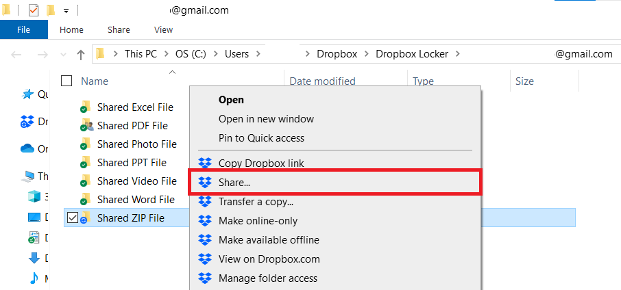 Right Click Shared ZIP File and selet share Dropbox