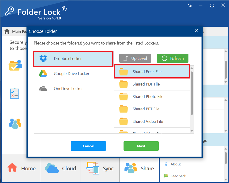 Select Dropbox locker and Folder containing Excel File