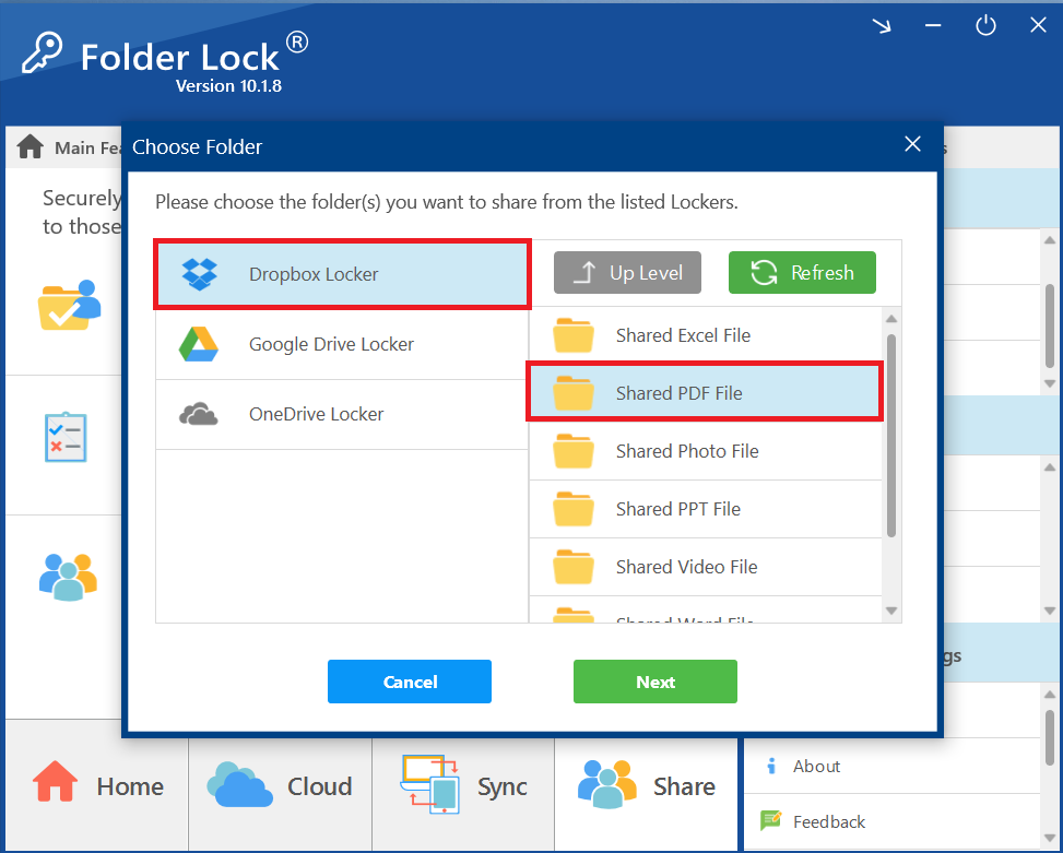 Select Dropbox locker and Folder containing PDF File