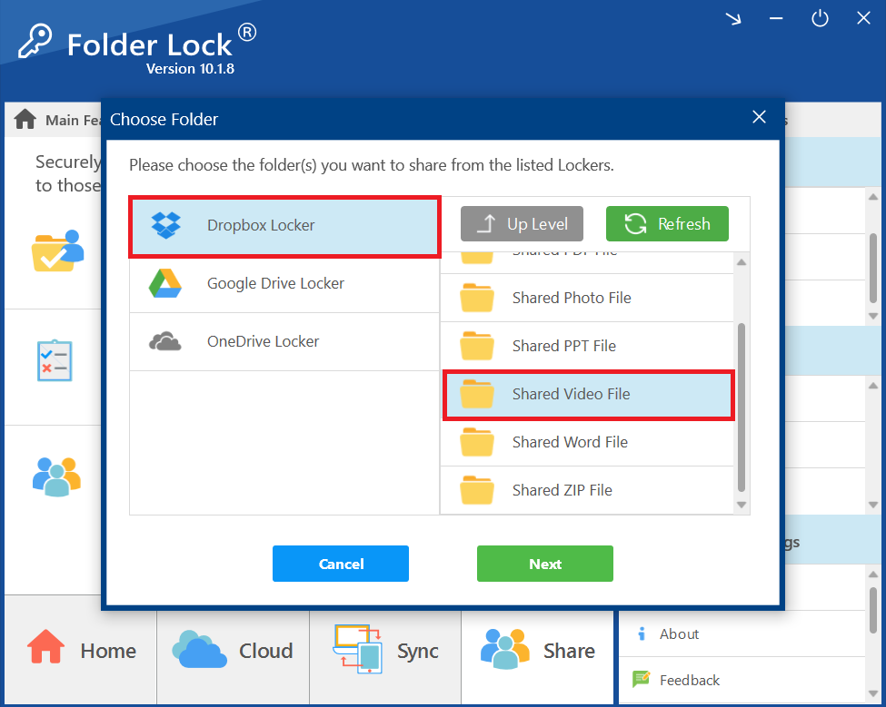 Select Dropbox locker and Folder containing Video File