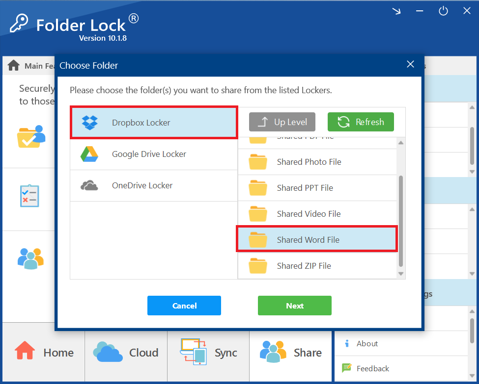 Select Dropbox locker and Folder containing Word File