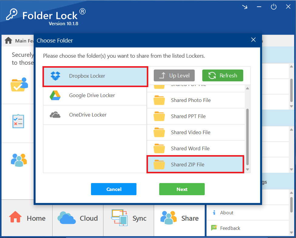 Select Dropbox locker and Folder containing ZIP File