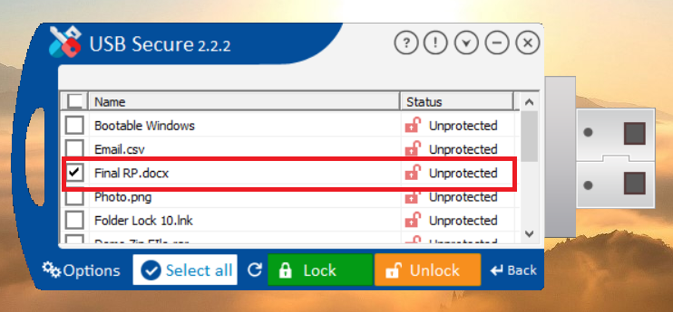 Select MS Word document from USB Secure application