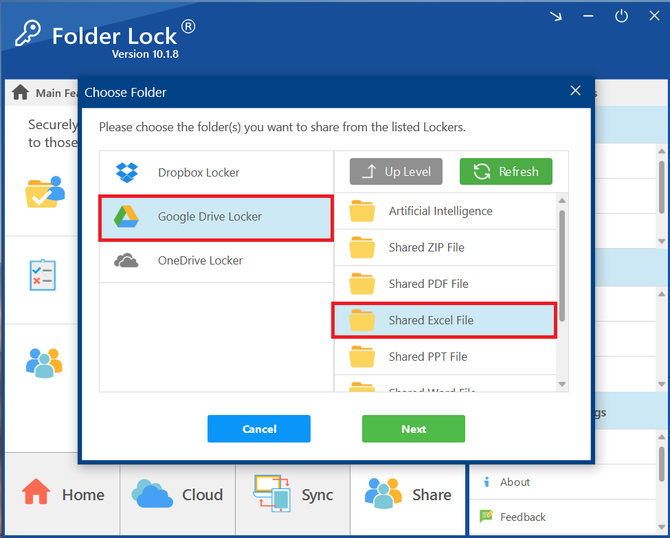The Folder Lock "Choose Folder" dialog, with the Google Drive Locker and the "Shared Excel File" folder selected for sharing.