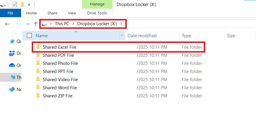 Share Excel File Folder in Dropbox locker