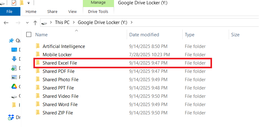 A screenshot of the Google Drive Locker showing a folder named 'Shared Excel File' containing the document to be shared.