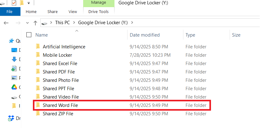 A screenshot of the Google Drive Locker showing a folder named 'Shared Word File' containing the document to be shared.