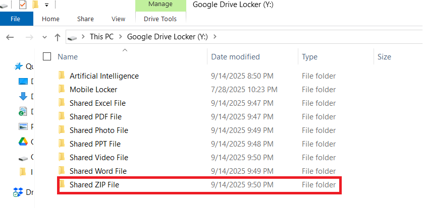 Shared Folder containing ZIP File in Google drive Locker of Folder Lock