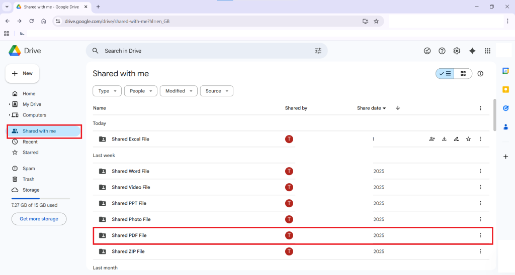 Shared PDF File in Shared With Me Tab Google Drive Folder Lock