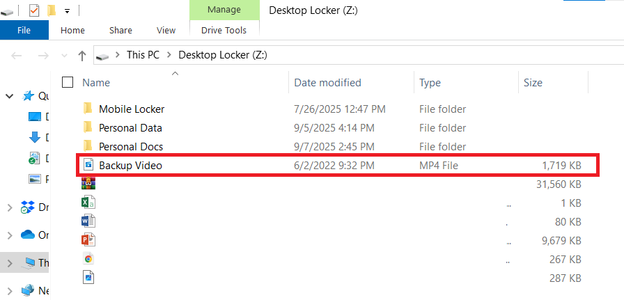Video File in Desktop Locker Windows File Explorer
