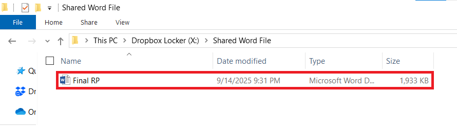 Word File name Final RP in shared Word File Folder Dropbox locker