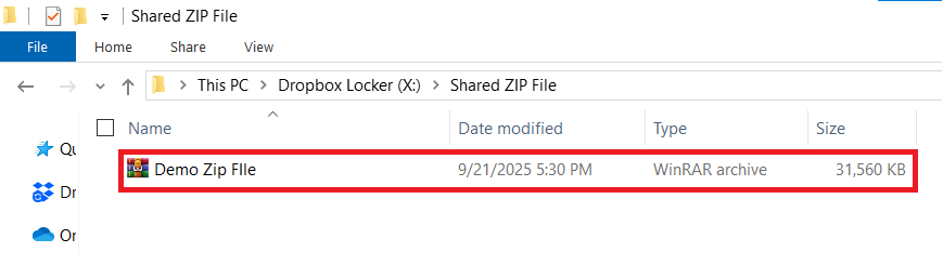 ZIP File name Demo ZIP File in shared ZIP File Folder Dropbox locker