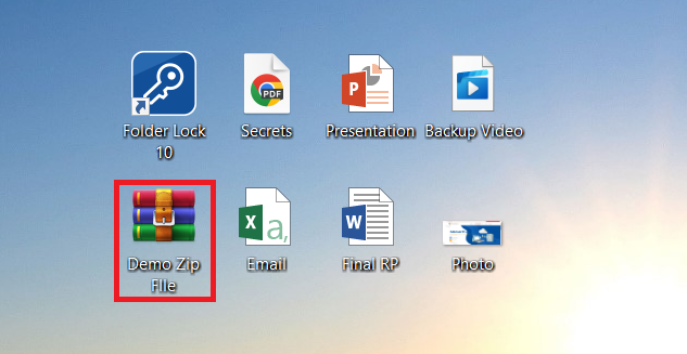 A screenshot of a desktop, showing a ZIP file named 'Demo Zip File' highlighted and ready to be protected by Folder Lock.