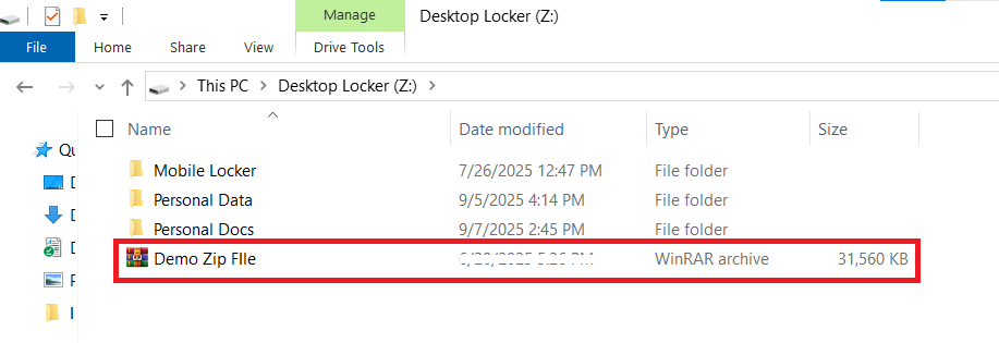 Zip File decrypted and available in Desktop Locker at its initial location Folder Lock