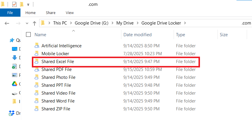 A screenshot of folder containing your Excel file you want to share Folder Lock