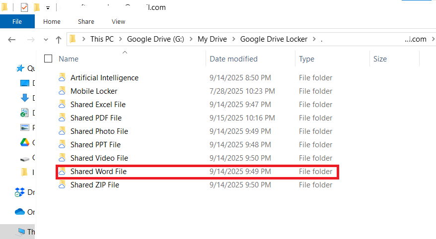A screenshot of the Google Drive Locker, highlighting the "Shared Word File" folder to be selected for sharing.