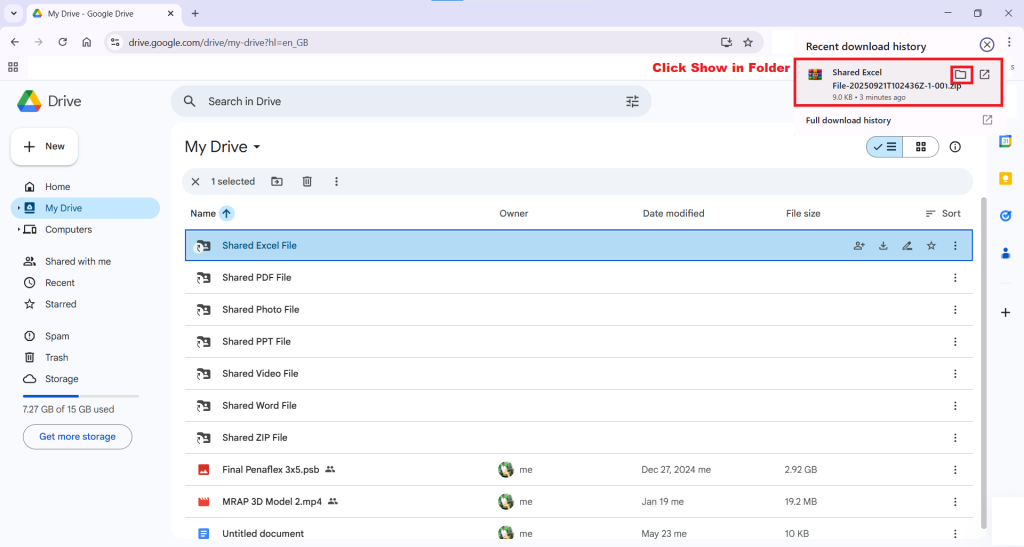 Click Show in Folder Excel File Download the file to your computer