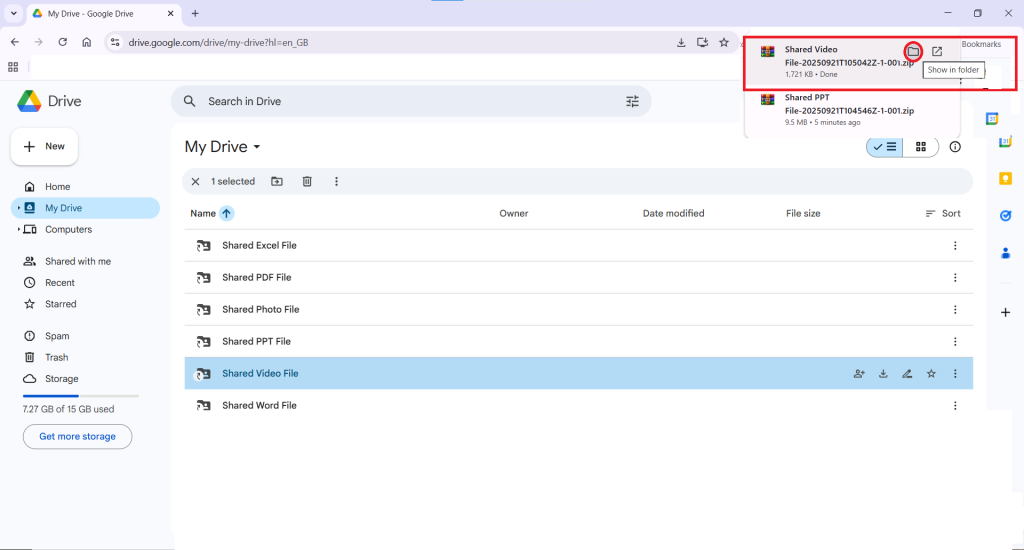 Click Show in Folder Video File Download the file to your computer