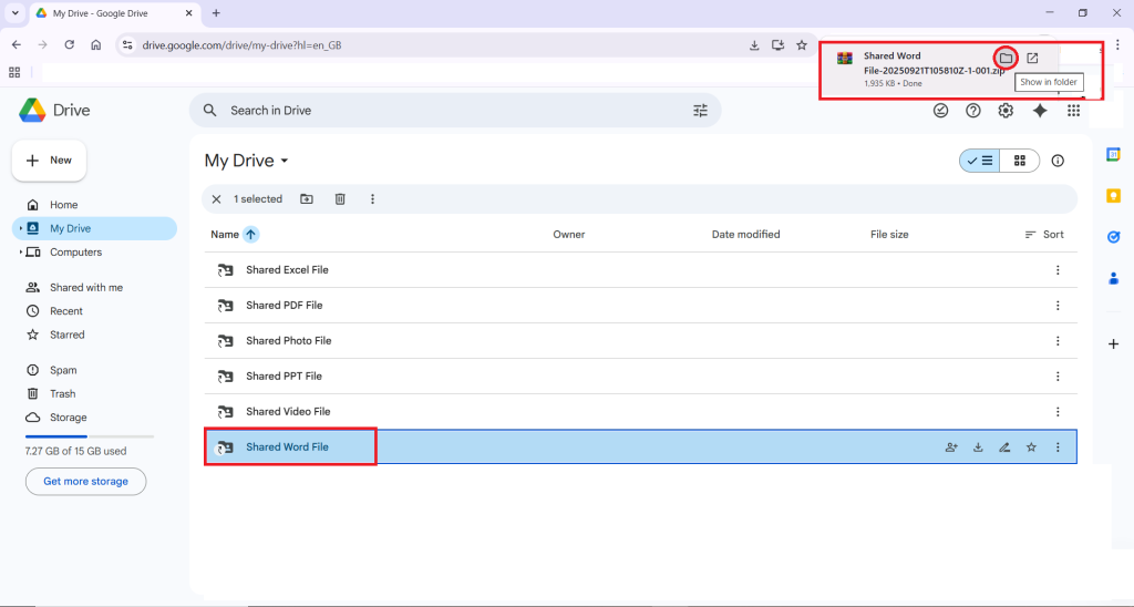 Click Show in Folder Word File Download the file to your computer